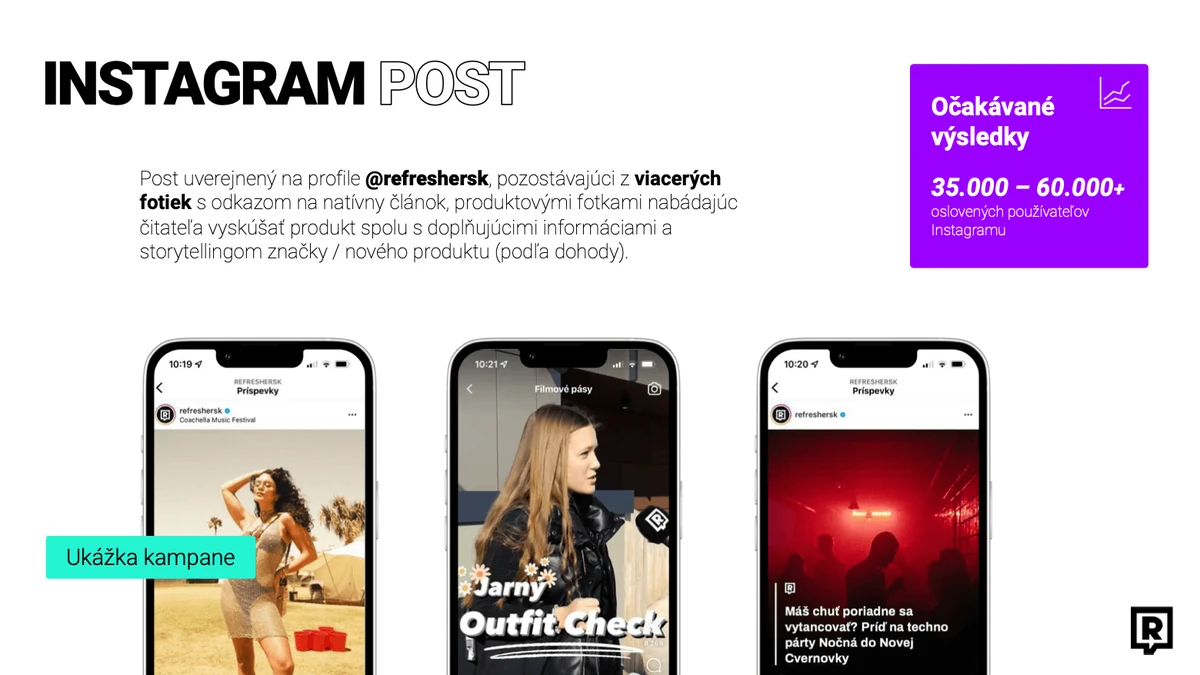 Prezentácia pre Refresher – slajd Instagram post s ukážkou kampane a očakávanými výsledkami