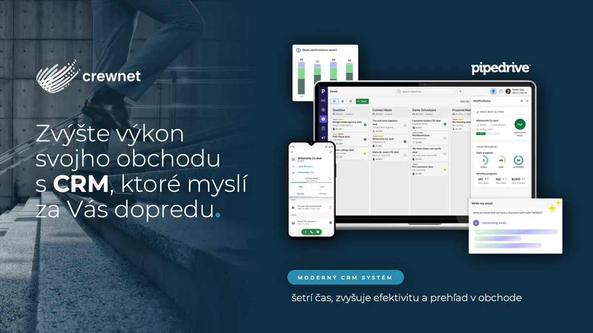 Obchodná prezentácia pre Crewnet – úvodný slajd o CRM systéme Pipedrive