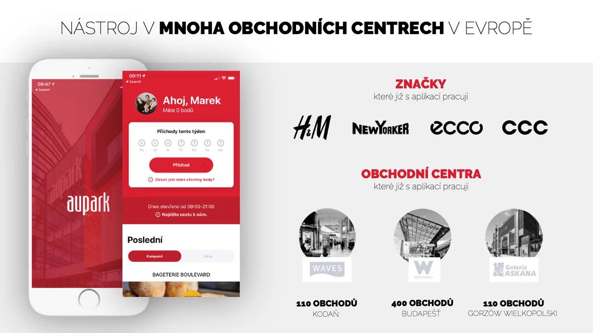 Prezentácia pre Aupark – slajd o aplikácii v obchodných centrách v Európe a zapojených značkách