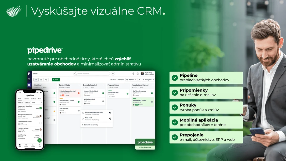 Obchodná prezentácia pre Crewnet – slajd Vyskúšajte vizuálne CRM Pipedrive s funkciami