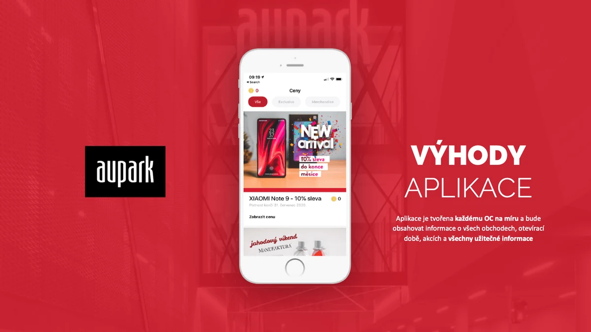 Prezentácia pre Aupark – slajd Výhody aplikácie s mobilnou aplikáciou nákupného centra