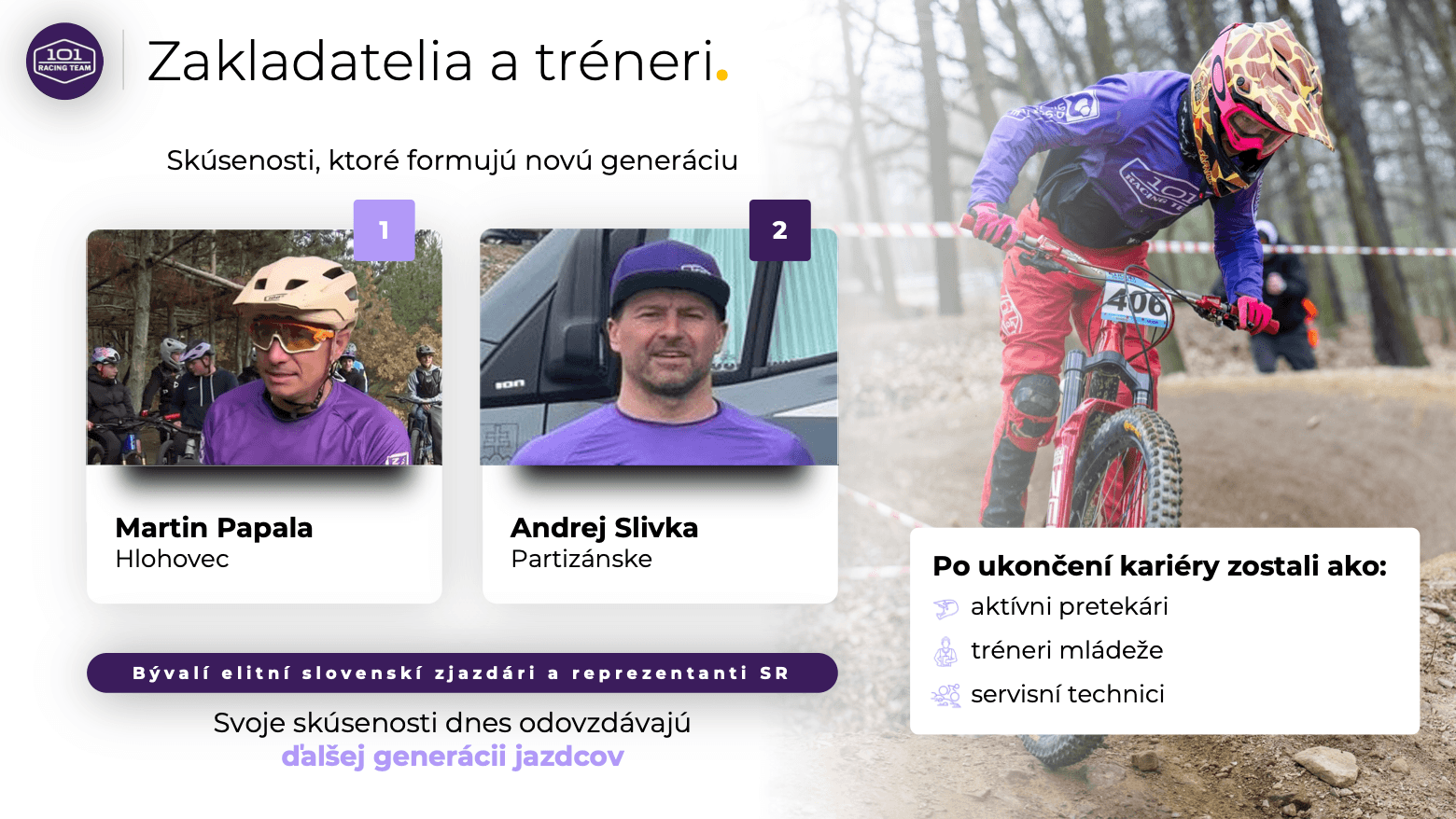 Prezentácia pre 101 Racing Team – slajd Zakladatelia a tréneri