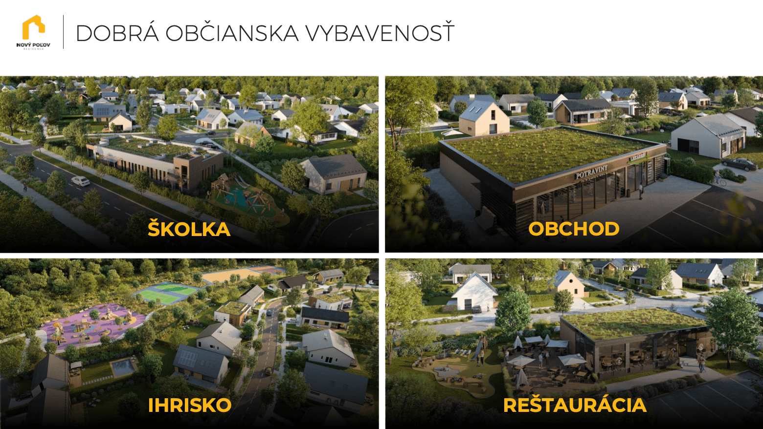 Prezentace projektu Nový Polov – slide o občanské vybavenosti (školka, obchod, hřiště, restaurace)