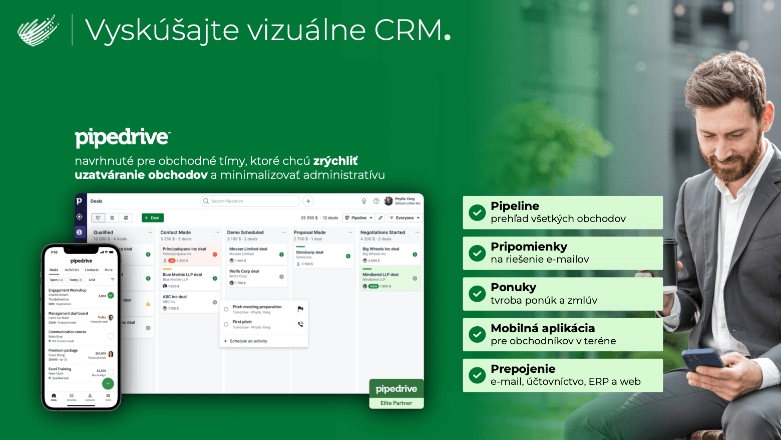 Obchodná prezentácia pre Crewnet – slajd Vyskúšajte vizuálne CRM Pipedrive s funkciami