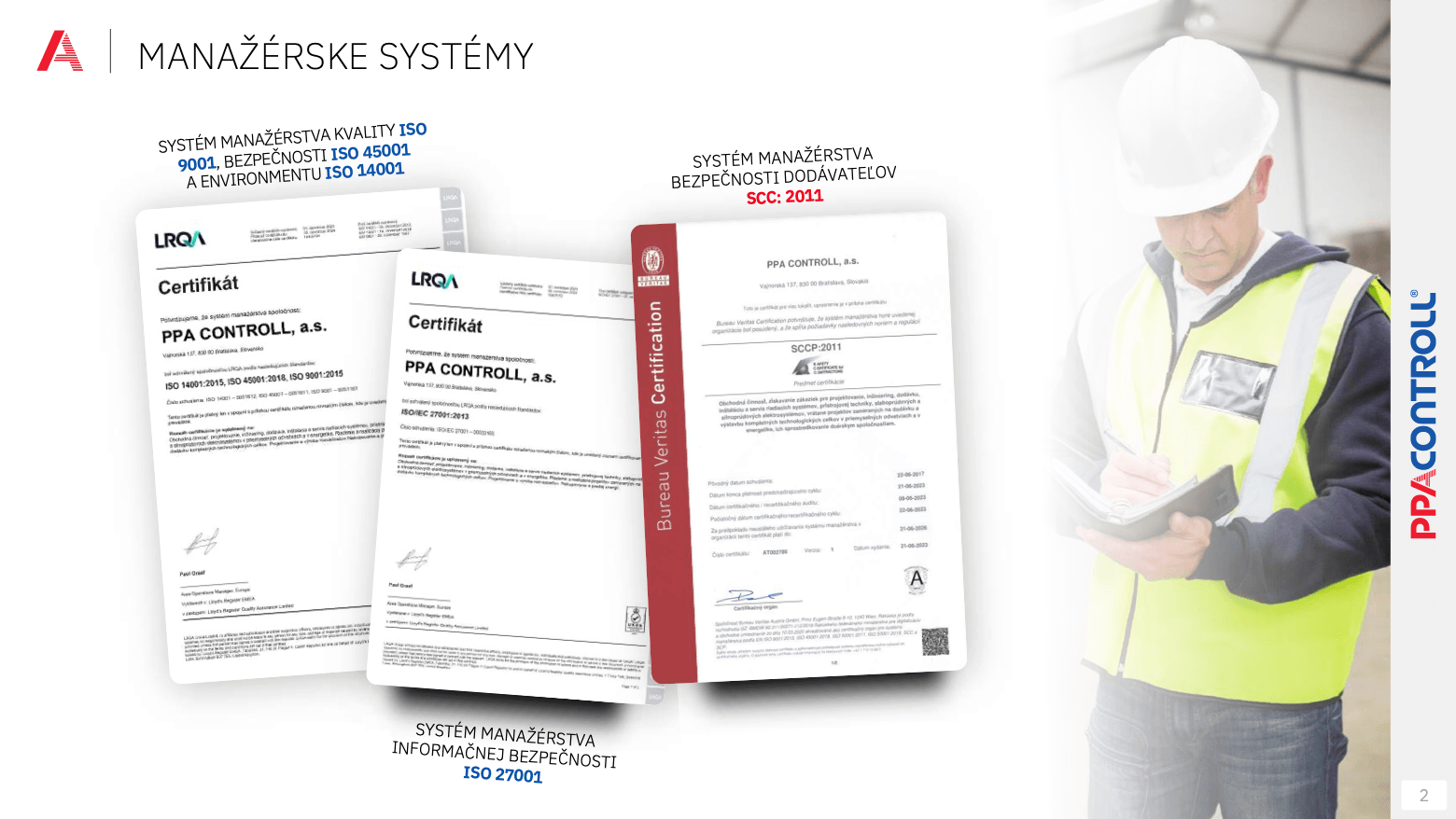 Firemní prezentace pro PPA Controll – slide Manažerské systémy a certifikáty