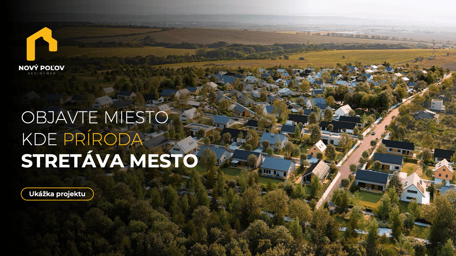 Prezentácia developerského projektu Nový Polov – úvodný slajd s leteckým pohľadom na štvrť