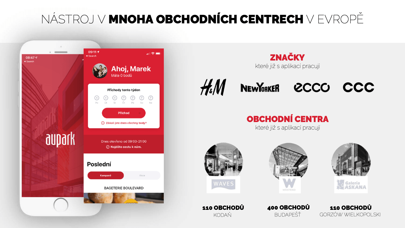 Prezentácia pre Aupark – slajd o aplikácii v obchodných centrách v Európe a zapojených značkách
