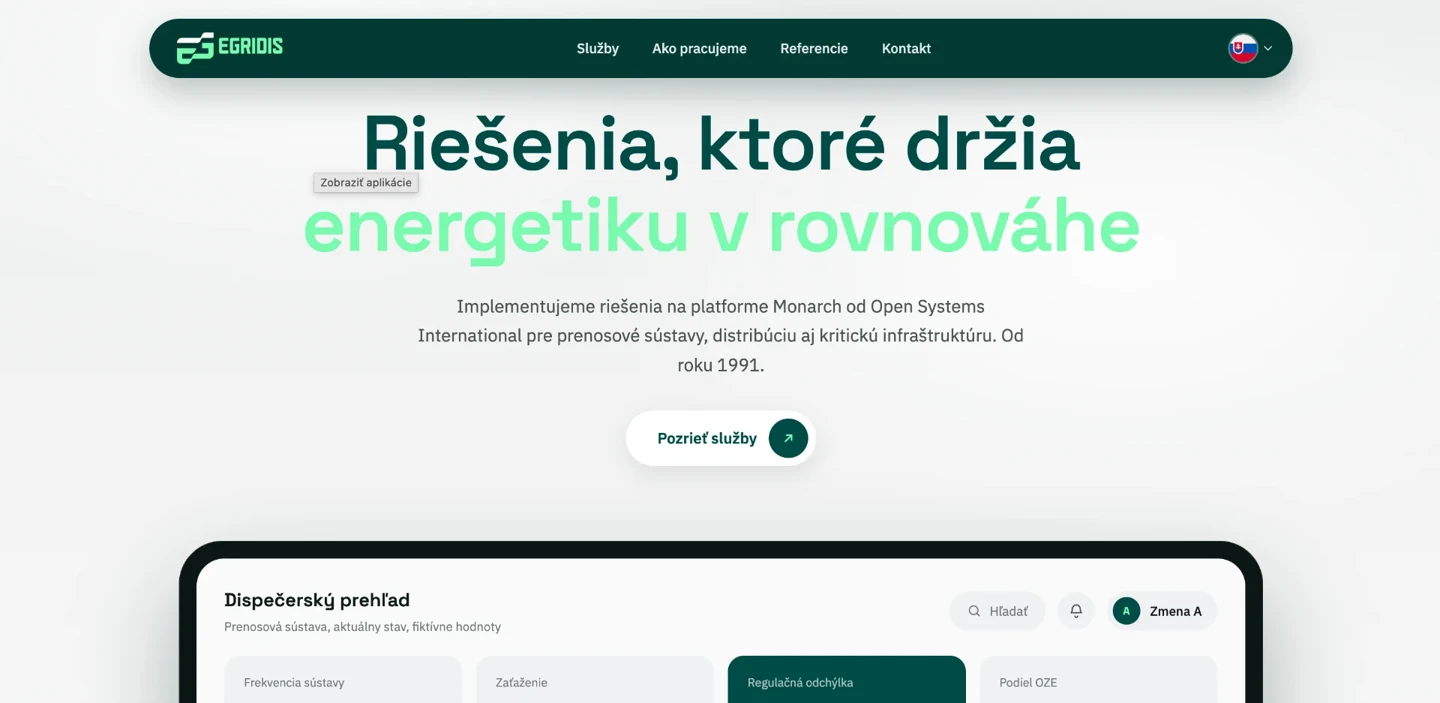 Úvodní část webu Egridis