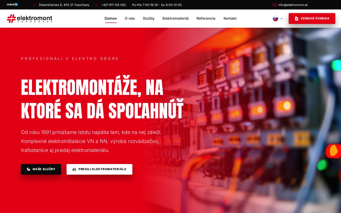 Úvodní část webu Elektromont