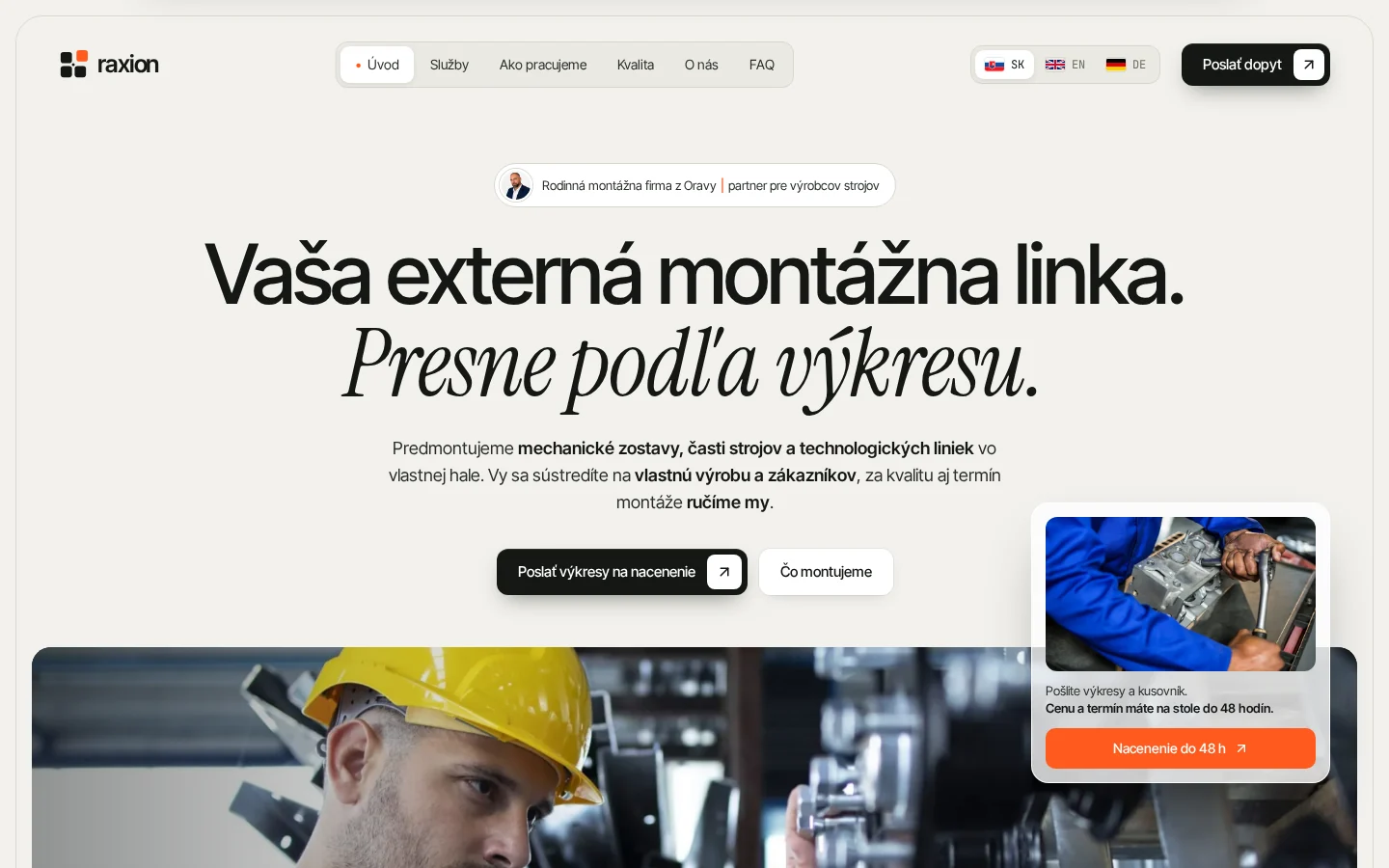 Úvodní část webu Raxion