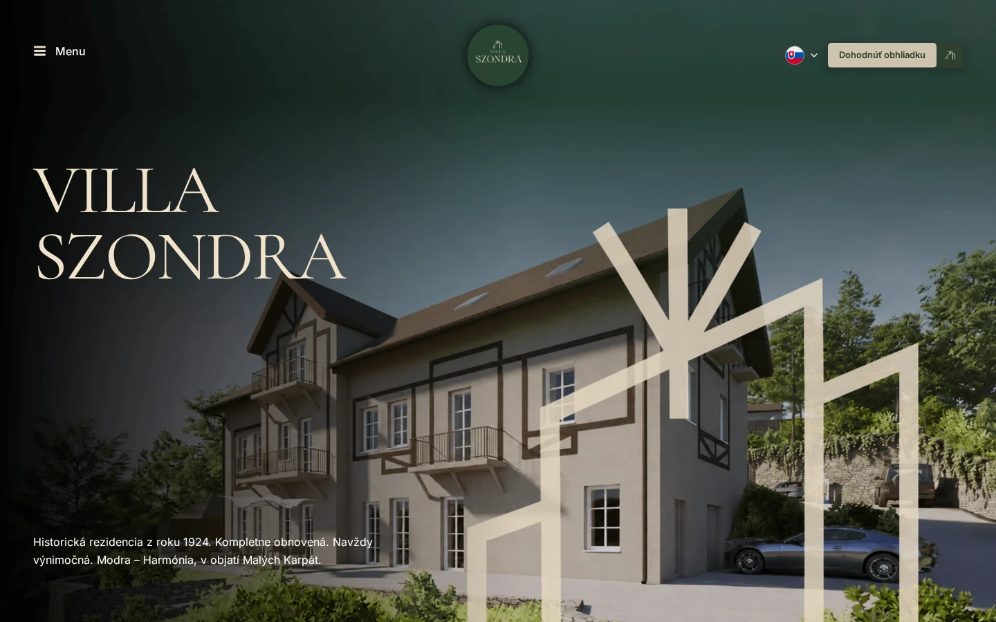 Úvodní část webu Villa Szondra