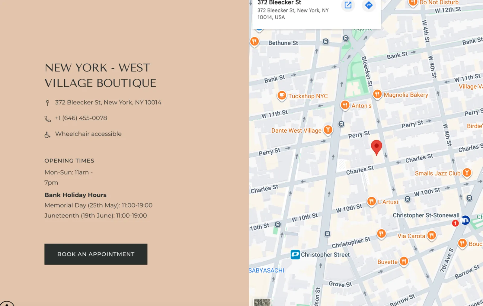 Red pin on a Google Map of New York City showing the Astrid & Miyu store location