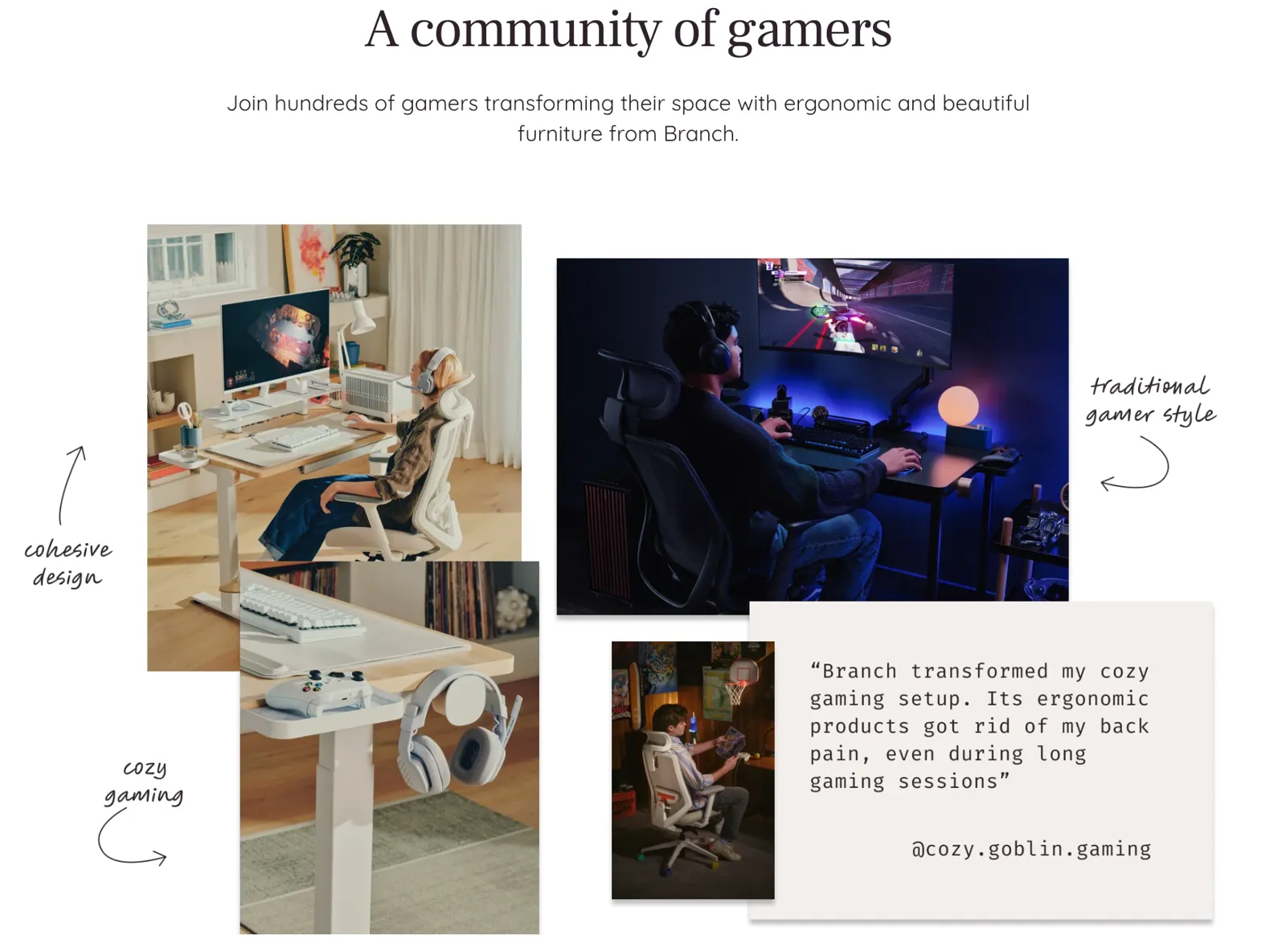 Branch Furniture’s landing page for gamers shows images of customers using its furniture while gaming
