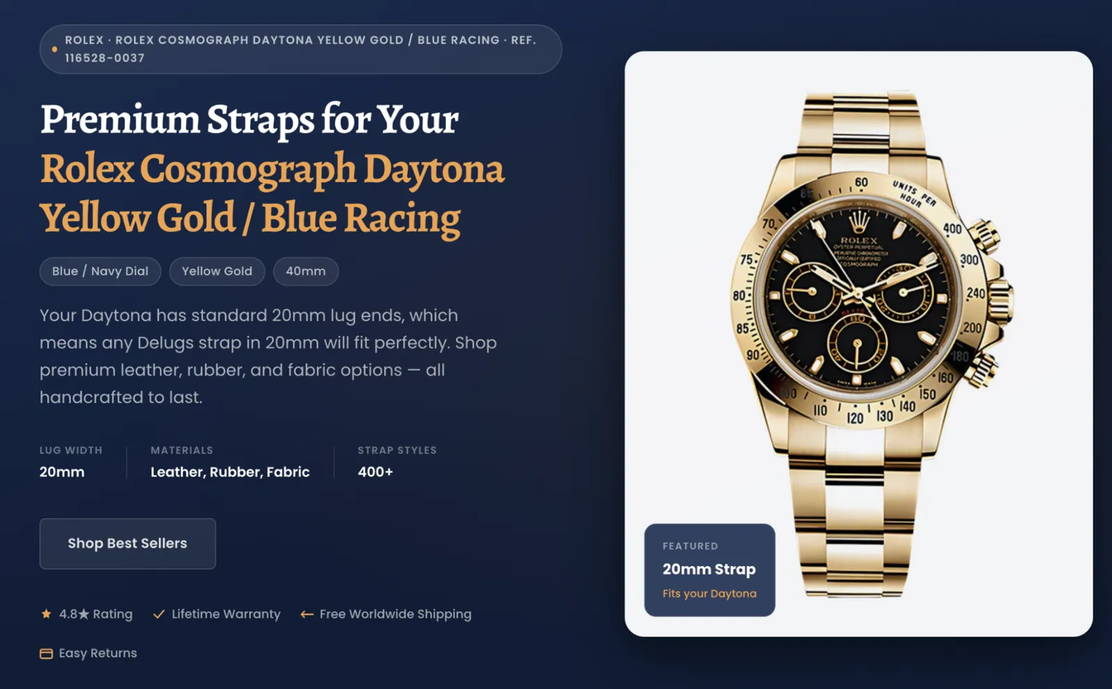 Landing page showing straps for a Rolex watch