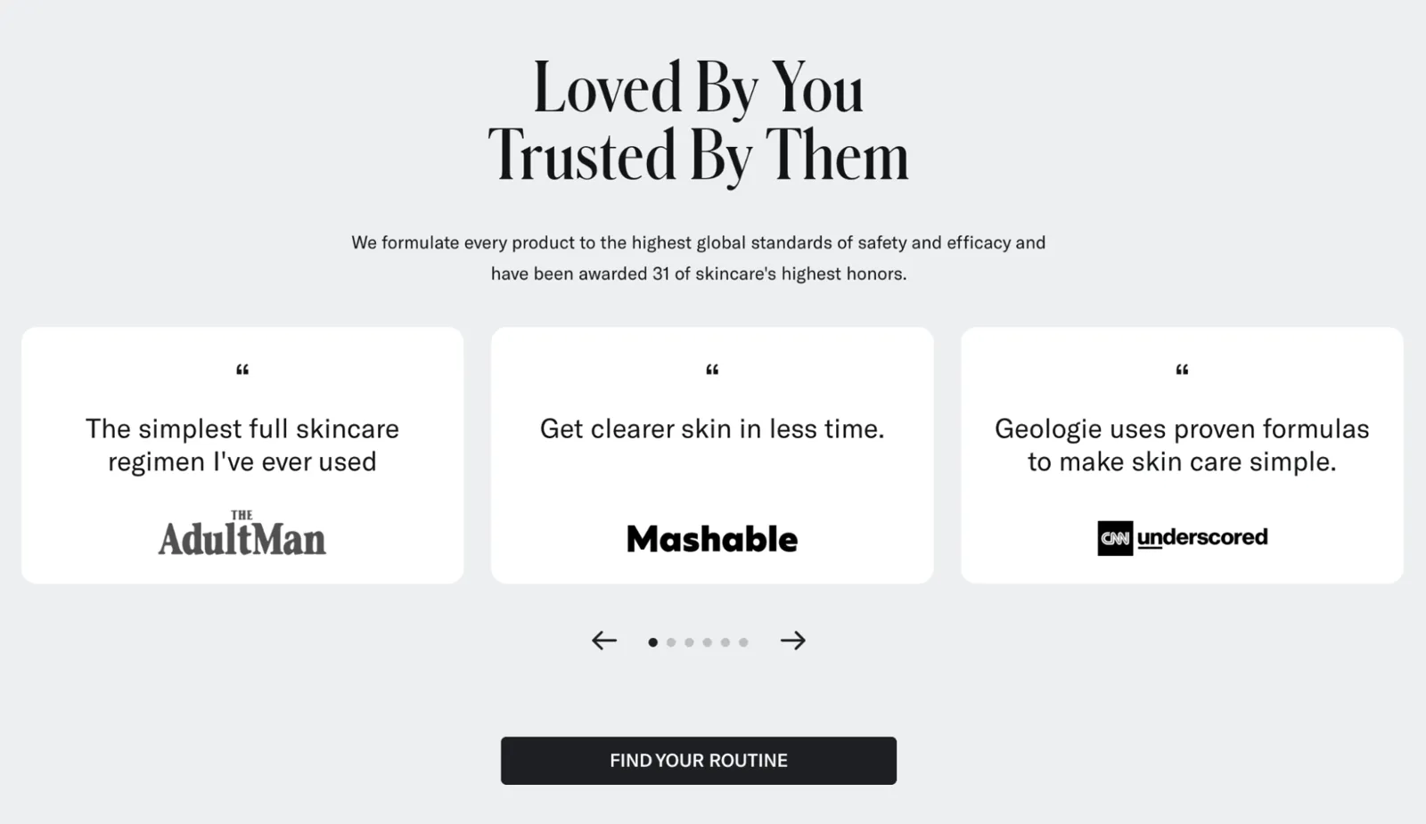 Carousel of quotes from The Adult Man, Mashable, and CNN Underscored on the Geologie page