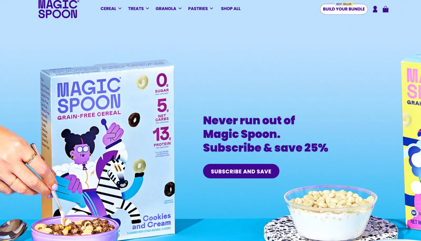 Landing page showing a box of grain-free cereal with a headline offering 25% off subscriptions