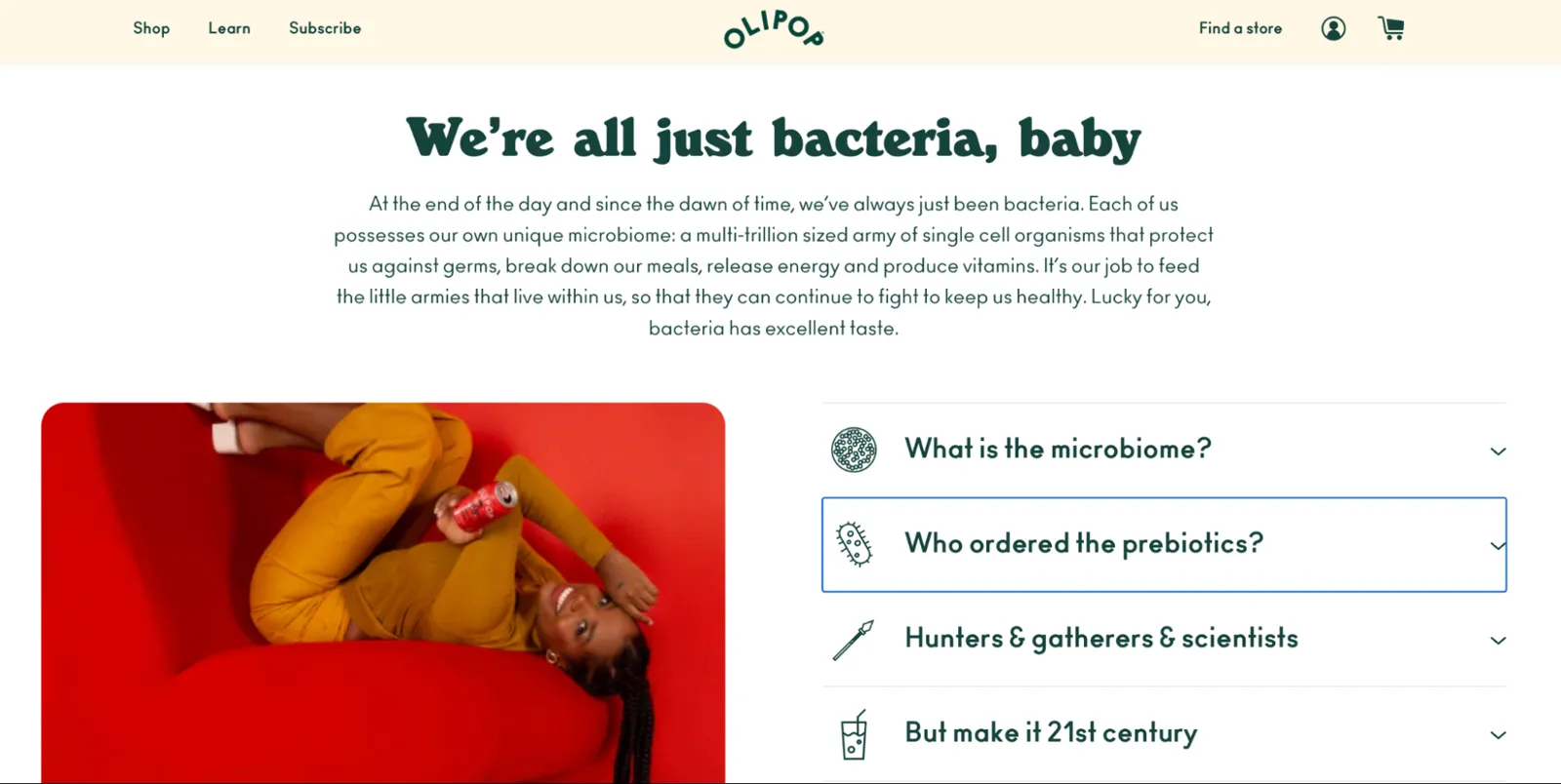 FAQ section with dropdown questions like “What is the microbiome?” on the Olipop page
