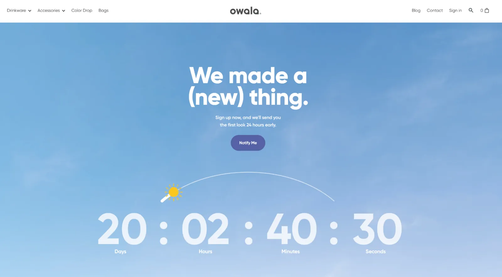 Countdown timer showing 20 days left with the headline “We made a (new) thing.” on the Owala page